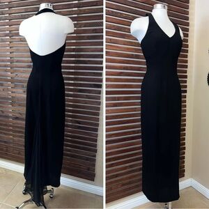 Vintage 1990s Rampage Halter Black Maxi Formal Dress w/ Sheer Draped Back
